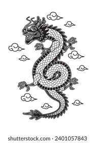 Dragon Illustration with Cloud Around It Black and White