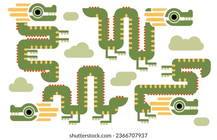 The dragon illustration is made in a geometric format in green shades. Curved dragons in geometric abstraction. Collection in the clouds. Cute baby dragons for the year 2024 on a white background