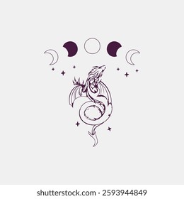 Dragon illustration with moon dragon silhouette logo