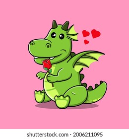 Dragon illustration vector. Cute Dragon illustration vector holding Rose flower. Flat Dragon Cartoon Character isolated on a pink background. Good for as icon, stickers, emoji, emoticons.