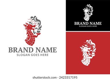 Dragon image, dragon holding a cup. Design for business company, Logo for restaurant or cafe. Emblem logo set.
