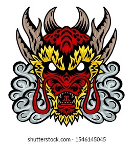 Dragon japan face. Vector illustration isolated on white background. Design element for logo, badge, tattoo, t-shirt, banner, poster.