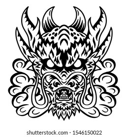 Dragon japan face. Vector illustration isolated on white background. Design element for logo, badge, tattoo, t-shirt, banner, poster.