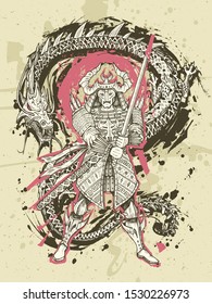 Dragon and japanese samurai battle, hand drawn fantasy art. Snake vs warrior tattoo. Vector illustration.