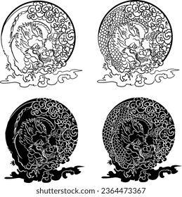 Dragon and Japanese wave vector illustration for T-shirt.Traditional Chinese wave in circle.Beautiful line art of nature for printing on shirt.Asian art for doodle and painting on background.
