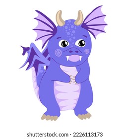 Dragon kid. Funny baby dragon, cute magic lizard with wings and horns. Fairytale monsters. Vector illustration