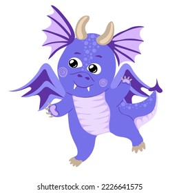 Dragon kid. Funny baby dragon, cute magic lizard with wings and horns. Fairytale monsters. Vector illustration