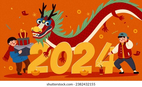 Dragon and kids celebrating CNY around 2024 on orange background with confetti and fortunes in the air.