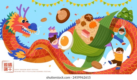 Dragon, kids, and rice dumpling flying in the sky. Text:Happy Dragon Boat Festival. May 5th.