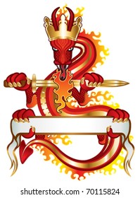Dragon King with sword and banner for your text. Vector illustration.