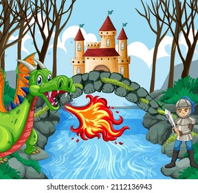 Dragon and knight in castle forest scene illustration