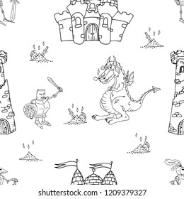 Dragon, knight, castle with towers seamless pattern. Vector illustration of a seamless pattern of fairytale characters dragon, knight. Hand drawn castle with tower knight with dragon.