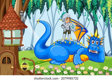 Dragon and knight in enchanted forest background illustration