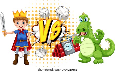 Dragon and knight fighting each other on white background illustration