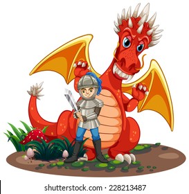 Dragon and a knight on white