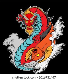 Dragon and koi carp tattoo.Japanese Dragon with koi carp fish and water splash Sticker and illustration style.