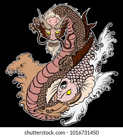 Dragon and koi carp tattoo.Japanese Dragon with koi carp fish and water splash Sticker and illustration style.