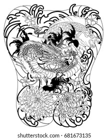 Dragon and Koi fish with peony,Chrysanthemum,Rose,Sakura flower,Lotus and wave tattoo,Japanese tattoo for Back body.Japanese carp line drawing coloring book vector image.Koi carp with Water splash.