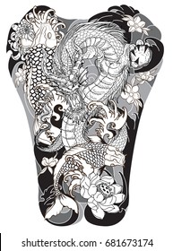 Dragon and Koi fish with peony,Chrysanthemum,Rose,Sakura flower,Lotus and wave tattoo,Japanese tattoo for Back body.Japanese carp line drawing coloring book vector image.Koi carp with Water splash.
