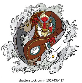 dragon Koi fish with water splash tattoo.hand drawn Dragon and koi fish in circle,Japanese carp line drawing coloring book vector image.Dragon and koi fish look like Yin Yang symbol.