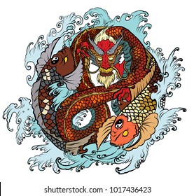 dragon Koi fish with water splash tattoo.hand drawn Dragon and koi fish in circle,Japanese carp line drawing coloring book vector image.Dragon and koi fish look like Yin Yang symbol.