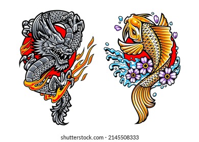 Dragon and koi Japanese tattoo arts isolated on white. Vector illustrations.