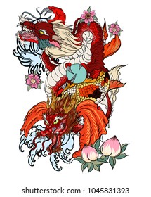 Dragon with Koi Dragon and lotus flower tattoo.peach with Sakura and plum flower on cloud background.Traditional Japanese tattoo for print to t-shirt.Asian Tattoo design.