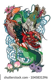 Dragon with Koi Dragon and lotus flower tattoo.peach with Sakura and plum flower on cloud background.Traditional Japanese tattoo for print to t-shirt.Asian Tattoo design.