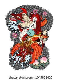 Dragon with Koi Dragon and lotus flower tattoo.peach with Sakura and plum flower on cloud background.Traditional Japanese tattoo for print to t-shirt.Asian Tattoo design.