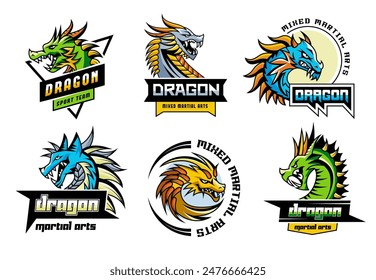 Dragon labels. Martial arts badges with pictures of strong lizard recent vector stylized ink flat pictures of dragons