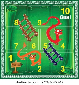 Dragon and ladder board game - 10 steps - green background. Ready to print.