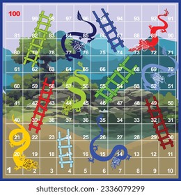 Dragon and ladder board game - 100 steps - mountain in the background. Ready to print.