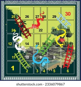 Dragon and ladder board game - 30 steps - green hill in the background. Ready to print.