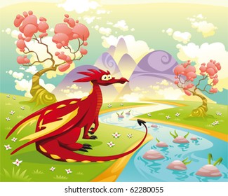 Dragon in landscape. Cartoon and vector illustration, isolated objects.