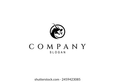 dragon logo in circle emblem with flat silhouette vector design style