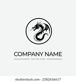 dragon logo with circle in retro style, dragon tattoo and dragon vector, black and white color