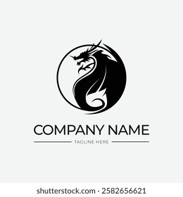 dragon logo with circle in retro style, dragon tattoo and dragon vector, black and white color