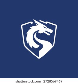 Un logotipo de dragón con un concepto geométrico diseñado en un estilo blanco plano con un fondo liso azul oscuro rodeado por un escudo en el exterior, el diseño moderno da una impresión muy contemporánea, adecuada para la tecnología o los diseños de juegos.