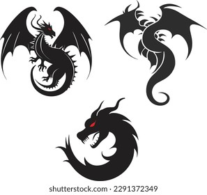 Drachenlogo-Illustration. 3 Vektor-Logo-Set. Stammes. Tätowierung.
