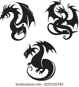 Dragon logo illustration. 3 vector logo set. tribal. tatto.
