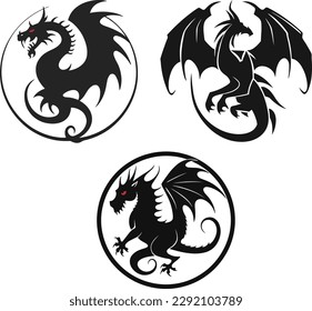 Dragon logo illustration. 3 vector logo set. tribal. tatto.
