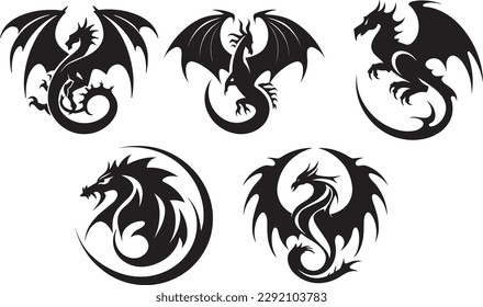 Dragon logo illustration. 5 vector logo set. tribal. tatto.
