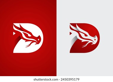 Dragon logo. letter D with negative space dragon head inside, isolated on background in two color style, vector illustration