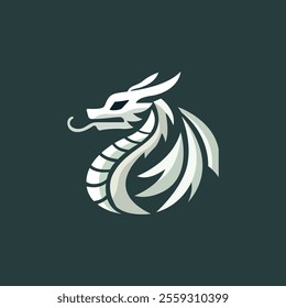 Dragon logo on green background. Simple mythical dragon icon. Fantasy dragon silhouette icon from the side. Stylish leviathan in Chinese style. Vector illustration.