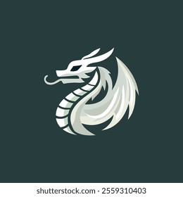 Dragon logo on green background. Simple mythical dragon icon. Fantasy dragon silhouette icon from the side. Stylish leviathan in Chinese style. Vector illustration.