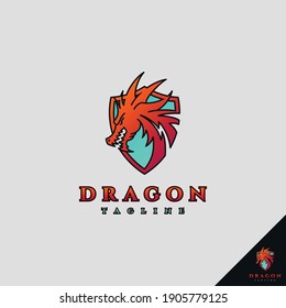 Dragon Logo with shield concept Filled Outline style