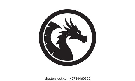 Silueta del logotipo del dragón en círculo, diseño simple, blanco y negro