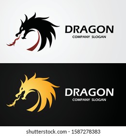 dragon logo template silhouette flat color design, vector illustration