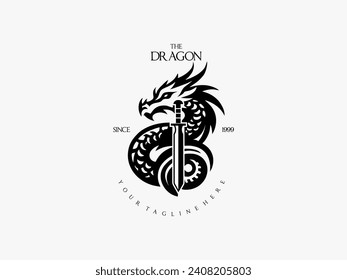 dragon logo vector illustration, detailed and bold with a black and white silhouette