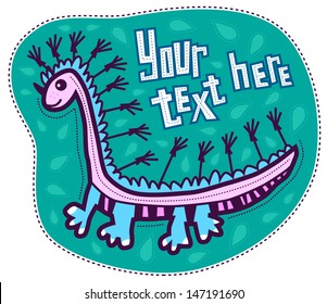 Dragon with a long pink body and a big, wide paws on a green background with leaves. The dragon words your text here.